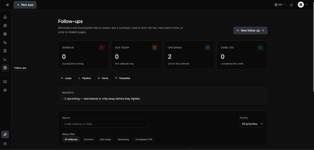 Follow-ups workspace in SoloPipeline showing overdue, due today, and upcoming reminders