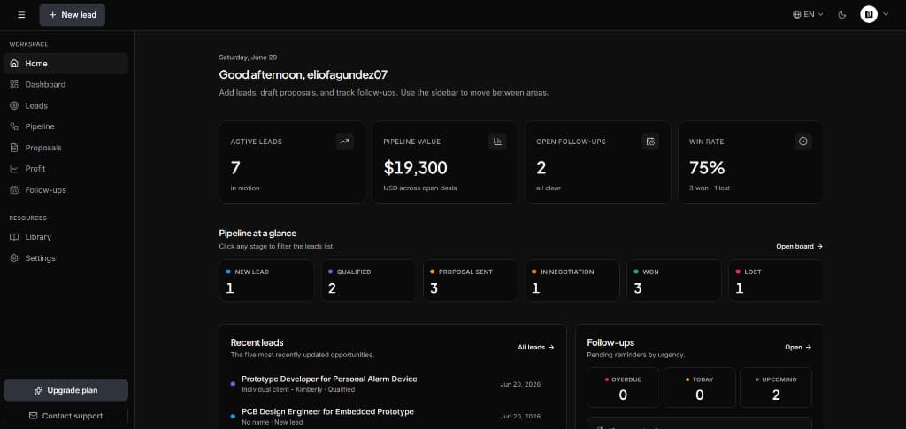 SoloPipeline freelancer CRM home dashboard with active leads, pipeline value, and follow-ups