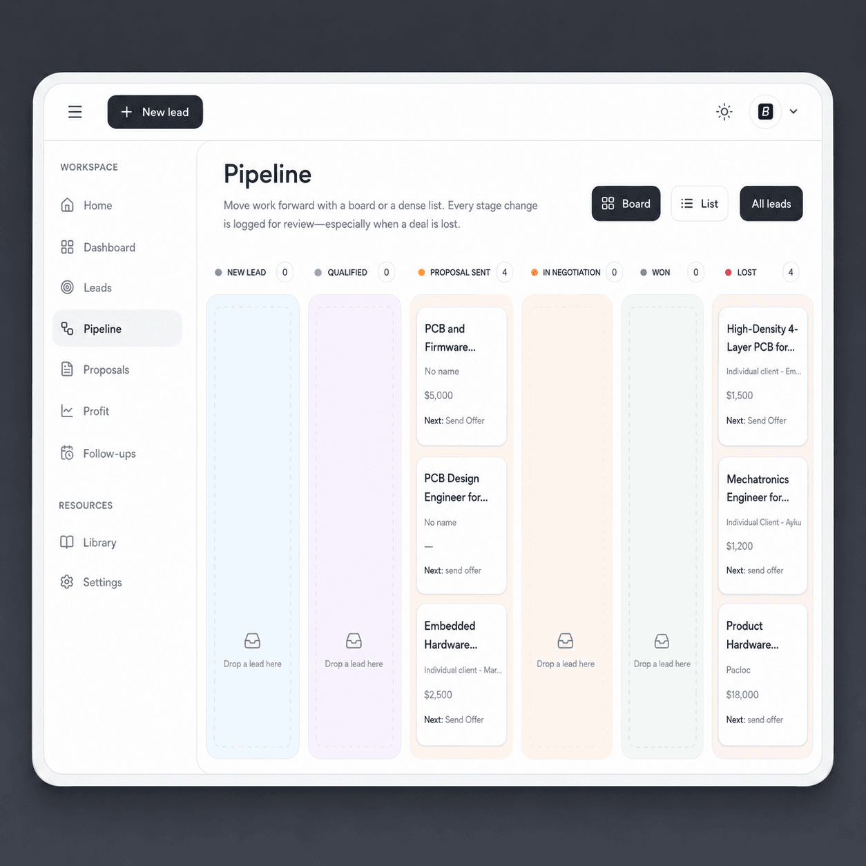 SoloPipeline Pipeline board with kanban columns for lead stages
